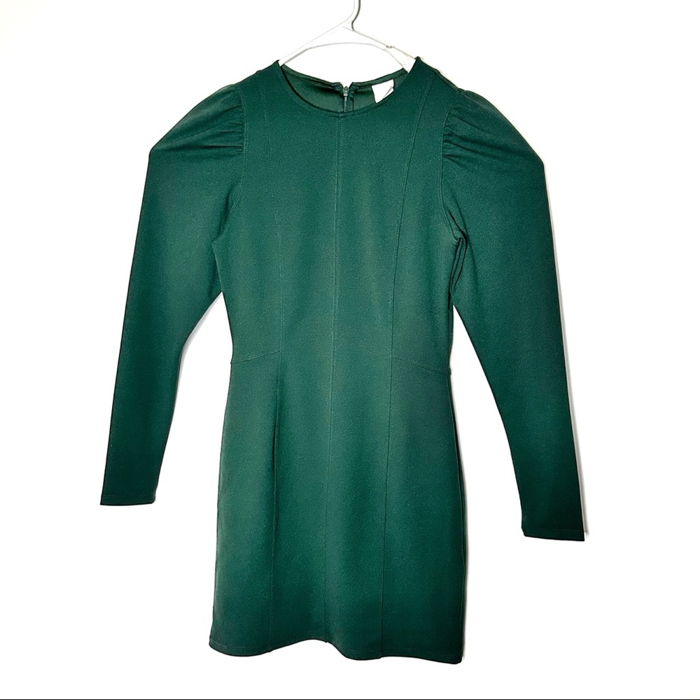H&M Long Sleeve Midi Dress Sz S Deep Green Puff Sleeve New Condition 15x34”